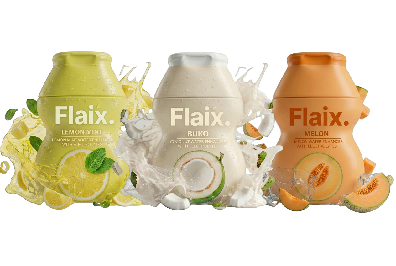 Flaix water enhancer squeeze bottles in melon, lemon mint, and coconut flavors