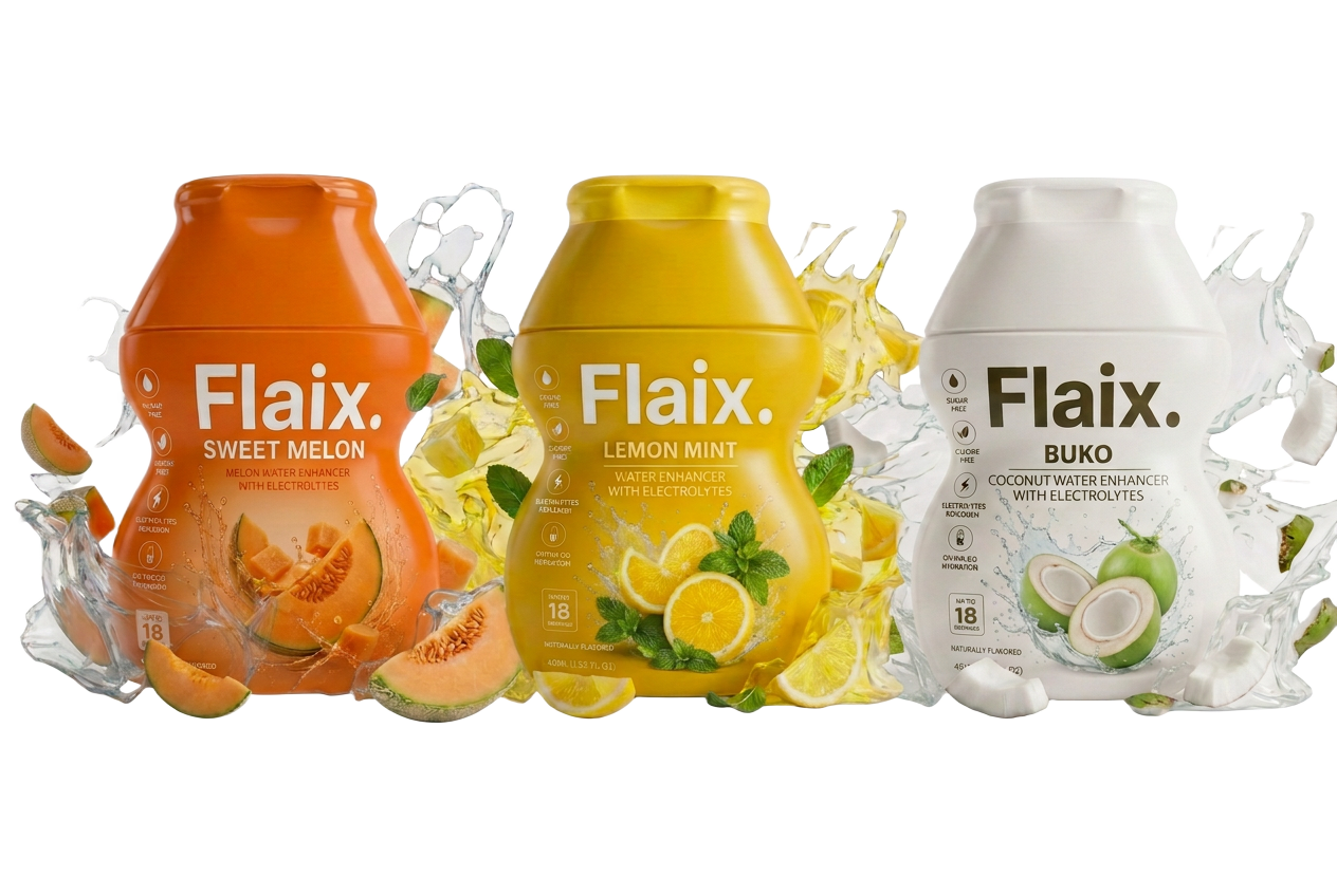 Flaix water enhancer squeeze bottles in melon, lemon mint, and coconut flavors